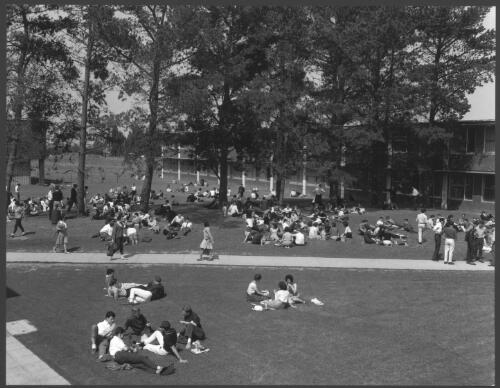 Students resting on the lawn in front of the Central Science Building at Monash University, Melbourne, Victoria, 1962 [picture] / Wolfgang Sievers