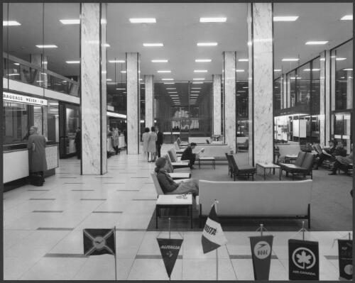 Main hall, [Trans Australia Airlines] T.A.A. building, looking to Franklin Street entrance, Melbourne, Victoria, 1966, architects Norris Marcus and Alison [picture] / Wolfgang Sievers