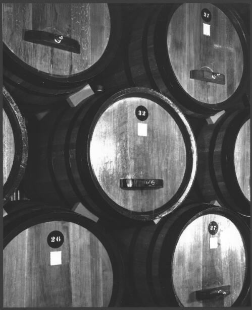 Numbered wine barrels at Orlando Winery, Rowland Flat, South Australia, 1961 [picture] / Wolfgang Sievers
