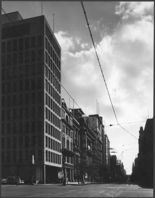 Third building from left: Scott's Hotel with for sale sign (before demolition), north side Collins Street, between William and Queen Streets, Melbourne, Victoria, 1962 [picture] / Wolfgang Sievers