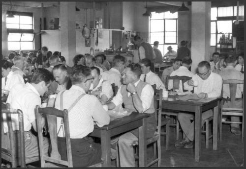 [Employees having a meal in the dining room at the] Ellison Clothing factory, Johnson Street, Collingwood, Victoria, 1958 [picture] / Wolfgang Sievers