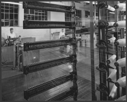 Men operating looms at Lucas textiles factory, Ballarat, Victoria, 1963 [1] [picture] / Wolfgang Sievers