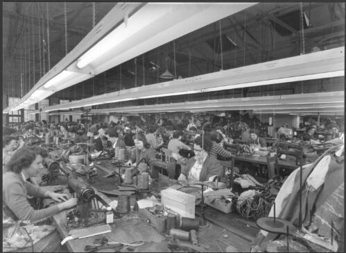 Employees sewing garments at the C. J. Wilson Clothing Factory, Johnston Street, Collingwood, Victoria, 1963, 1 [picture] / Wolfgang Sievers