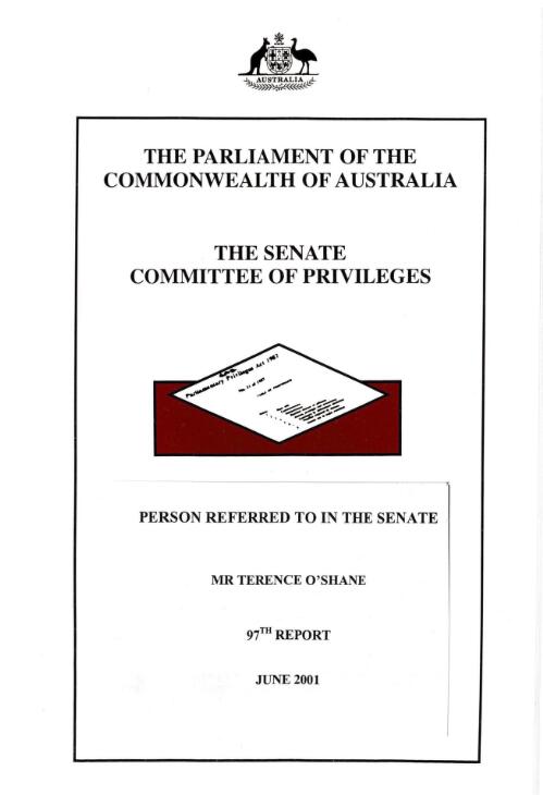 Person referred to in the Senate : Mr Terence O'Shane / The Parliament of the Commonwealth of Australia, The Senate, Committee of Privileges
