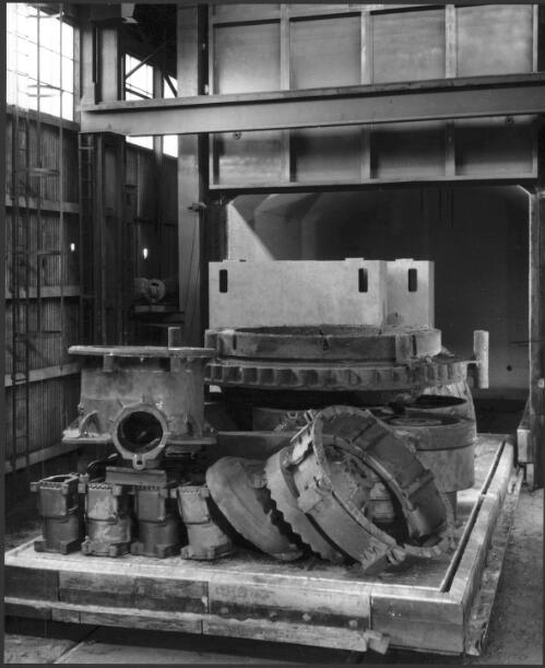 Stack of metal machinery pieces at Vickers Ruwolt Foundry, Burnley, Victoria, 1960 [picture] / Wolfgang Sievers