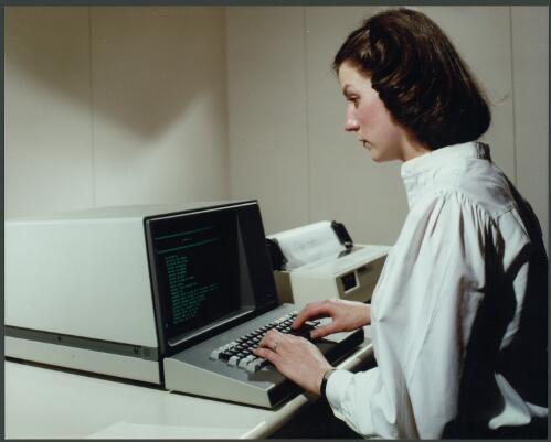 [Female employee using a computer at Thycon Australia factory, Melbourne, Victoria, 1982] [picture] / Wolfgang Sievers