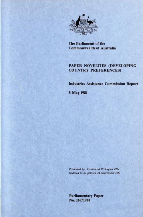 Paper novelties (developing country preferences), 8 May 1981 / Industries Assistance Commission report