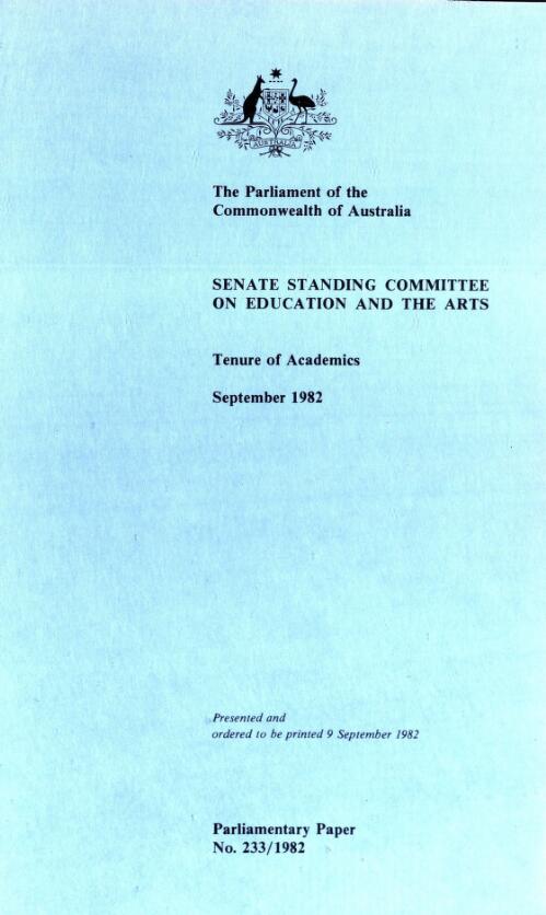 Tenure of academics, September 1982 / Senate Standing Committee on Education and the Arts
