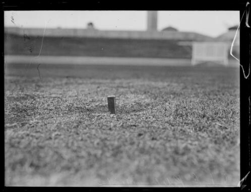 Peg in the ground at the Sydney Cricket Ground in preparation for the visiting English team, Sydney, 23 November 1932 [picture] / Baden H. Mullaney