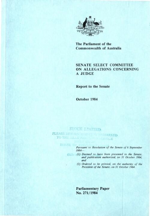 Report to the Senate, October 1984 / Senate Select Committee on Allegations Concerning a Judge