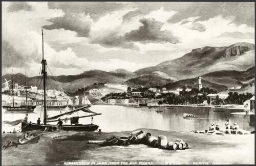 Photograph of a painting of Hobart town in 1829 from the old wharf, Tasmania [picture] / J.W. Beattie