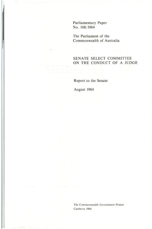 Report to the Senate, August 1984 / Senate Select Committee on the Conduct of a Judge