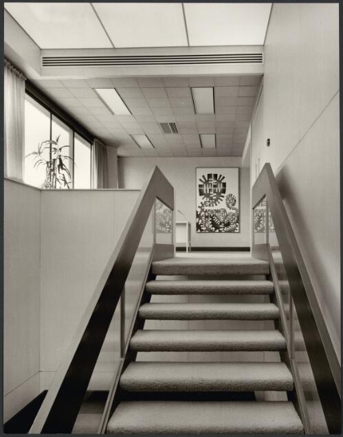 Staircase at E.A. Watts Holdings Limited builders' office, Hoddle Street, Melbourne, by architects Hassell & McConnell, 1974 [picture] / Wolfgang Sievers