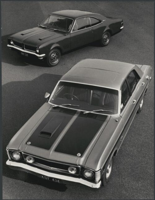 Ford GT (bottom) and Holden Monaro cars at Sandown racecourse, Victoria 1970, 2 [picture] / Wolfgang Sievers