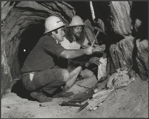 Shell geologists, Ian Wilson and Imre Hillenbrand taking rock samples from an old mine shaft near Orange, New South Wales, 1980, 2 [picture] / Wolfgang Sievers