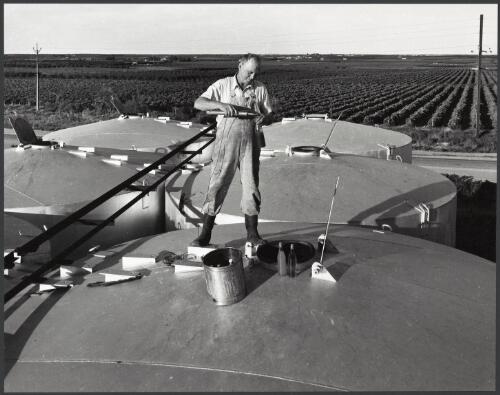 Kevin Pfeiffer standing on one of the distillery tanks at Loxton Co-op winery, Loxton, South Australia, 1959, 1 [picture] / Wolfgang Sievers