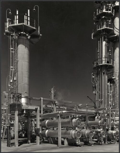 Towers standing next to tanks and pipelines at Mobil's Stanvac Oil Refinery, Altona, Victoria, 1956 [picture] / Wolfgang Sievers