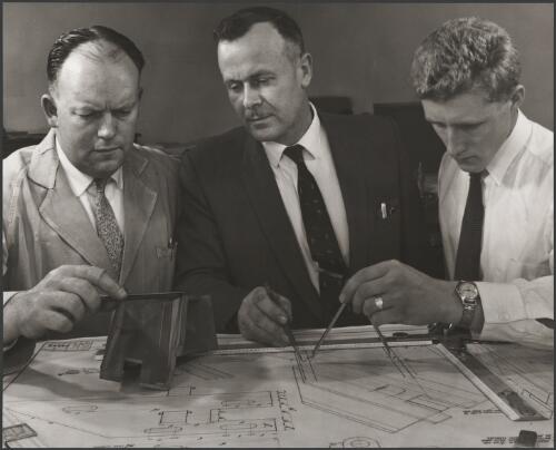 Engineers checking the dimensions of a model at Vickers Ruwolt, Burnley, Victoria, 1960 [picture] / Wolfgang Sievers