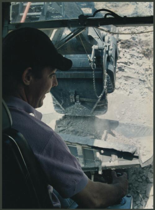 Dragline operator in his cabin, Drayton coal mine, Hunter Valley, New South Wales, 1985 [picture] / Wolfgang Sievers