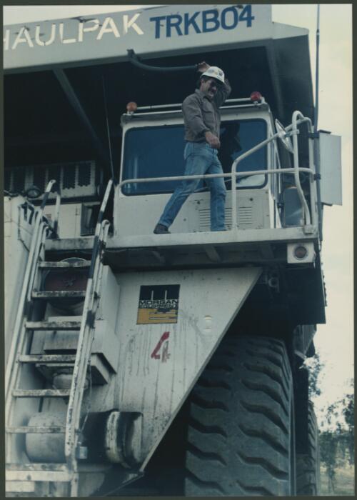 Haulpak driver on his truck, Drayton coal mine, Hunter Valley, New South Wales, 1985 [picture] / Wolfgang Sievers