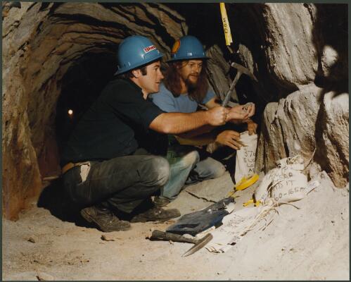 Shell geologists, Ian Wilson and Imre Hillenbrand taking rock samples from an old mine shaft near Orange, New South Wales, 1980, 3 [picture] / Wolfgang Sievers