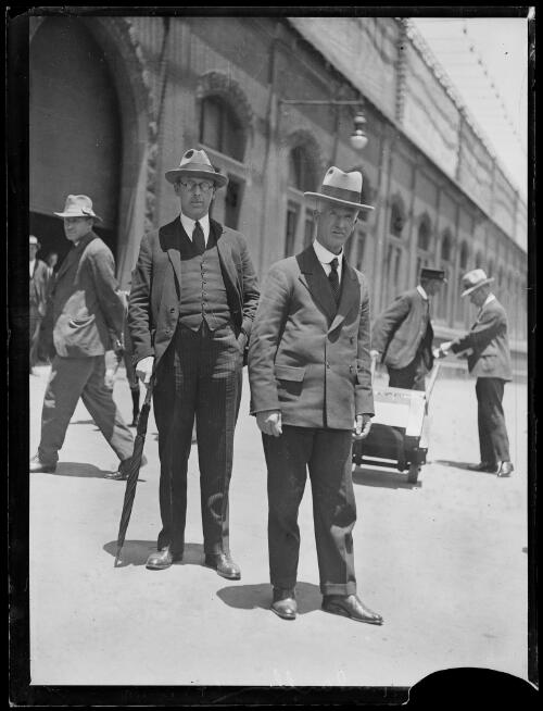 Prime Minister James Henry Scullin standing with a man outside Central station, Sydney, ca. 1929 [picture]
