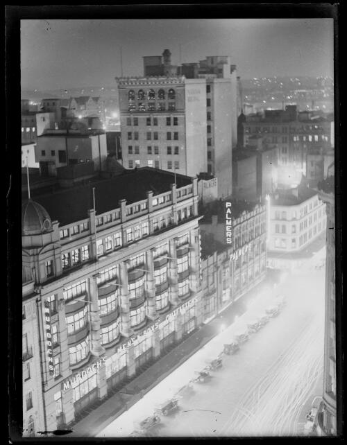 Murdoch's Men's and Boy's Outfitters building at night, Pitt Street, Sydney, 1933 [picture]