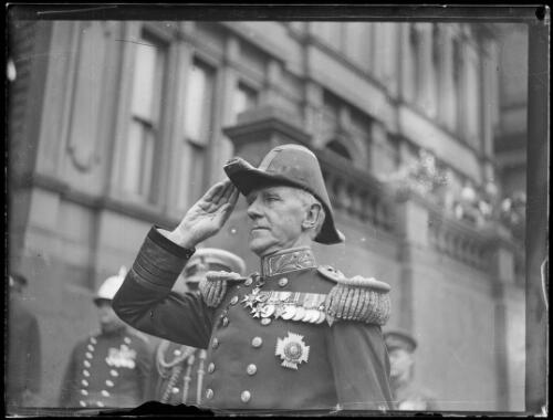 Governor Sir Dudley de Chair saluting wearing military regalia at Government House, Sydney, 2 September 1929 [picture] / Baden H. Mullaney