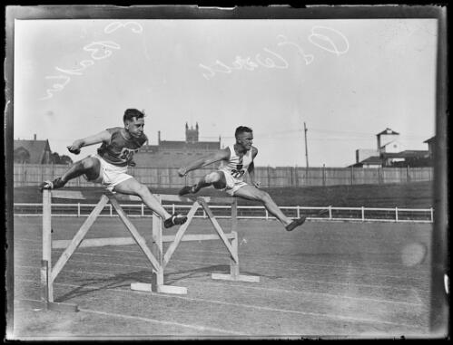 Athletes Mr O.E. Worth and Mr E. Baker competing in a hurdle race, New South Wales, ca. 1930 [picture]