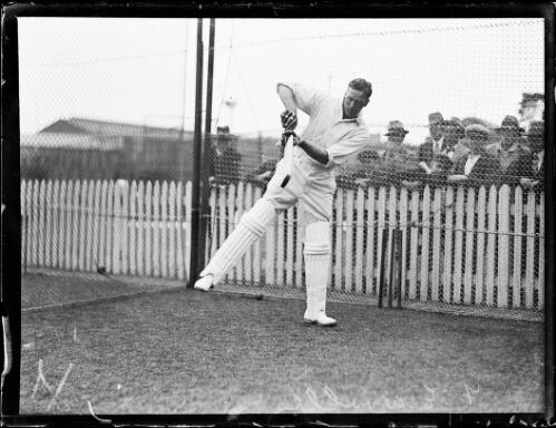 English cricketer Frank Woolley practicing batting in the cricket nets, New South Wales, ca. 1934 [picture]