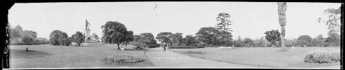 Panorama of a path winding through the Royal Botanic Gardens with the Governor Phillip Fountain, Sydney [picture] / EB Studios