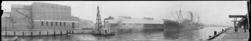 Panorama of a ship belonging to the Japanese company Osaka Shosen moored at  Pyrmont, Sydney, ca. 1930s [picture] / EB Studios
