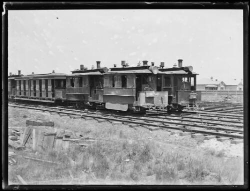 Last of the five steam tram motors and a trailer cars stored out of use, Sydney, 1927 [picture]