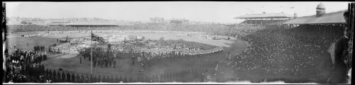 Panorama of Sydney Cricket Ground during celebrations of H.R.H Prince of Wales visit, Sydney, 2, 1920 [picture] / EB Studios