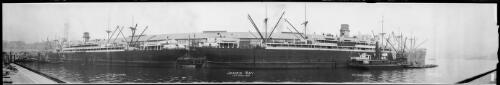 Panorama of  T.S.S. Wiltshire and T.S.S. Shropshire at Jones Bay Wharf, Pyrmont, Sydney Harbour, 1920 [picture] / EB Studios