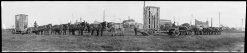 Panorama of two teams of heavy horses and wagons at the English Electric Company New Works, Clyde, New South Wales, 1 [picture] / EB Studios