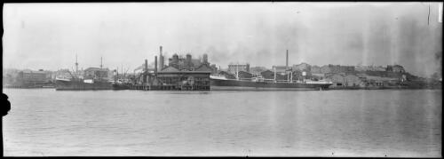 Panorama of the Colonial Sugar Refining Company and docked cargo ships, Pyrmont, New South Wales [picture] / EB Studios