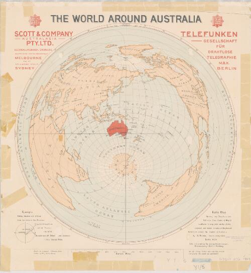 The world around Australia [cartographic material] : radio map showing true directions and distances from centre of map, Canberra, to any point on the globe / prepared and drawn to scale on the plane of the horizon around the capital of Australia by G. Pellehn, nautical cartographer