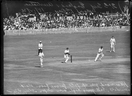 English cricketer Wally Hammond goes up the pitch to a ball from Frank Ward and miss hits, New South Wales, 18 December 1936 [picture]