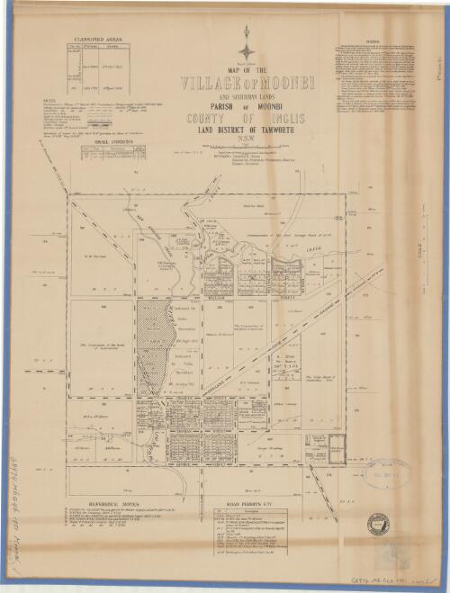 Map of the village of Moonbi and suburban lands [cartographic material] : Parish of Moonbi, County of Inglis, Land District of Tamworth, N.S.W. / compiled, drawn and printed at the Department of Lands, Sydney, N.S.W