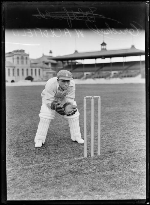 Cricketer W.A. Oldfield in position as wicket keeper, New South Wales, ca. 1930s [picture]