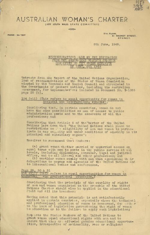 Representations made by the deputation from the Australian Women's Charter Committee to the Prime Minister on June 8th, 1949