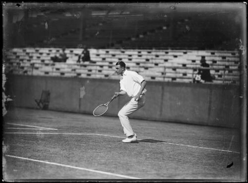 Stanford University tennis player Overfell playing a backhand shot, New South Wales, ca. 1930s, 2 [picture]
