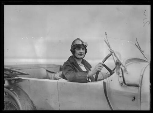Mrs Lee sitting in a car at a motor speedway, New South Wales, ca. 1930 [picture]