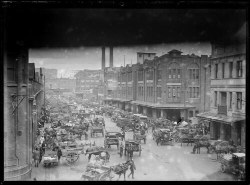 Horses and carts outnumbering motor cars at Paddy's Markets, Sydney, ca, 1920s [picture]