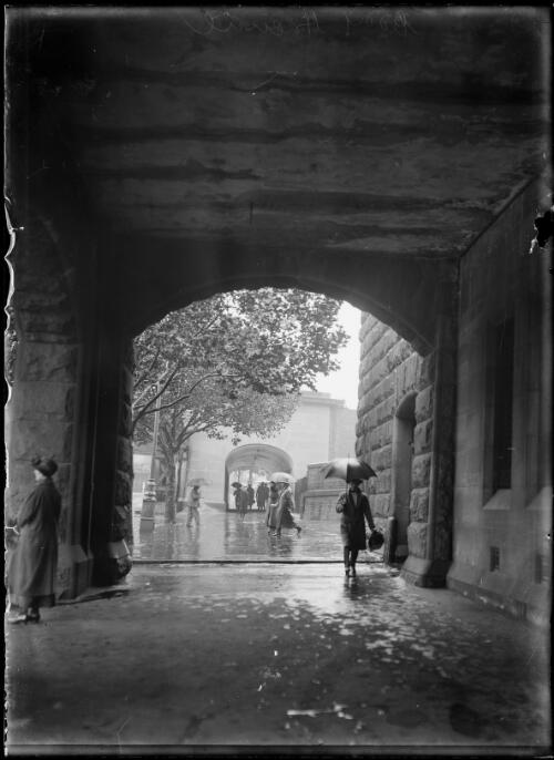 Pedestrians under bridge opposite Central Station, Eddy Avenue, Sydney, 1925 [picture]