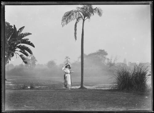 Woman with a parasol standing beside a palm tree, New South Wales, ca. 1930 [picture]