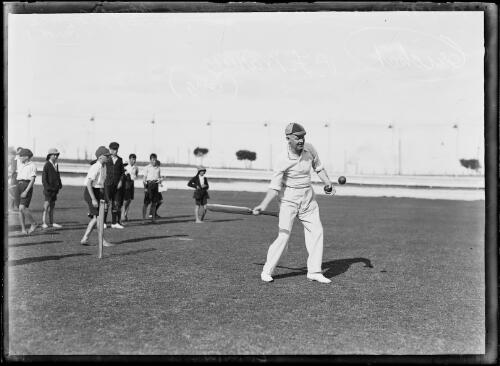 Plum Warner of England bowling during cricket practice, Perth, Western Australia, ca. 1932 [picture]
