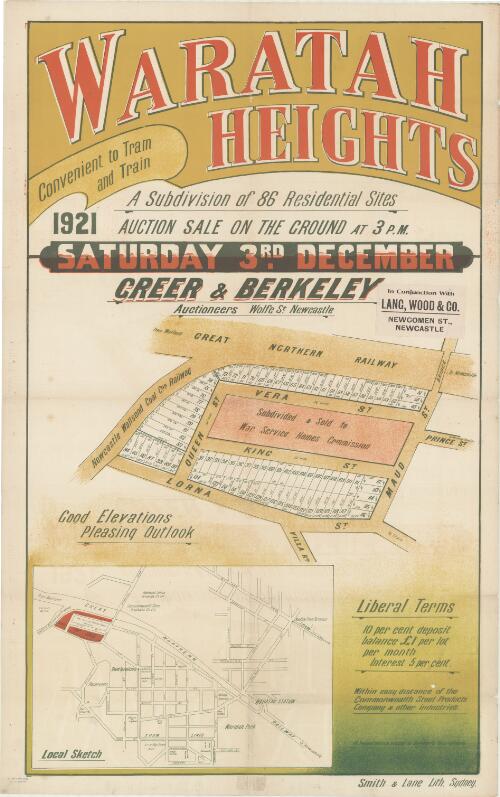 Waratah Heights, convenient to tram and train, a subdivision of 86 residential sites [cartographic material] : auction sale on the ground, at 3 p.m., Saturday 3rd December 1921 / Creer & Berkeley, auctioneers, Wolfe St., Newcastle in conjunction with Lang, Wood & Co., Newcomen St., Newcastle