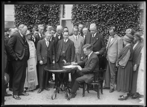 Acting Prime Minister Earle Page signing the first Federal cabinet document in Canberra at Yarralumla, 30 January 1924 [picture]